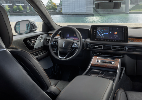 The interior of the 2025 Lincoln Aviator® SUV is shown parked with a view of a harbor through the windshield. | Oliver Lincoln in Plymouth IN